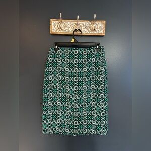 J. Crew Emerald and White Patterned Pencil Skirt